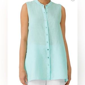 Eileen Fisher Aqua  Mandarin Organic Linen Sheer Top Xs